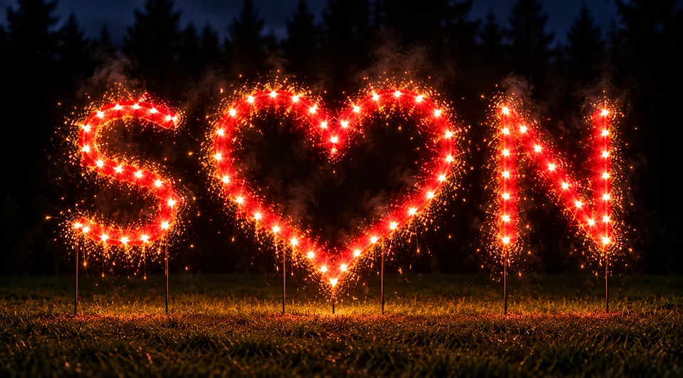 Lichterbild Brennendes Herz mit Buchstaben Hochzeit